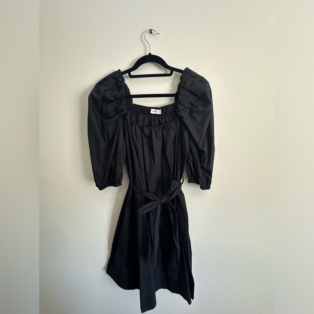 MANGO puff sleeve poplin dress in black